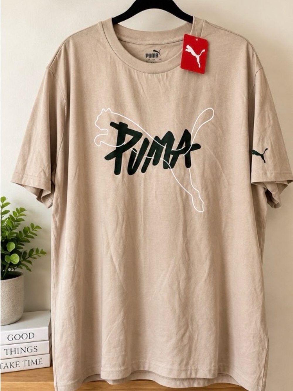 Puma Short Sleeve Tee in Beige with Black Logo